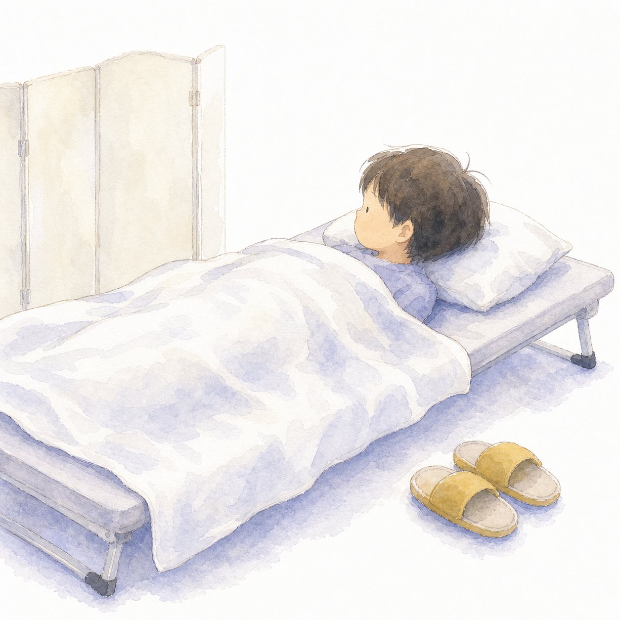 保健室で休む（水彩）。保健室のベッドで休む子ども。