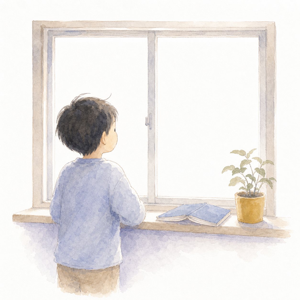 目を休める（水彩）。窓の外を見て目を休める子ども。