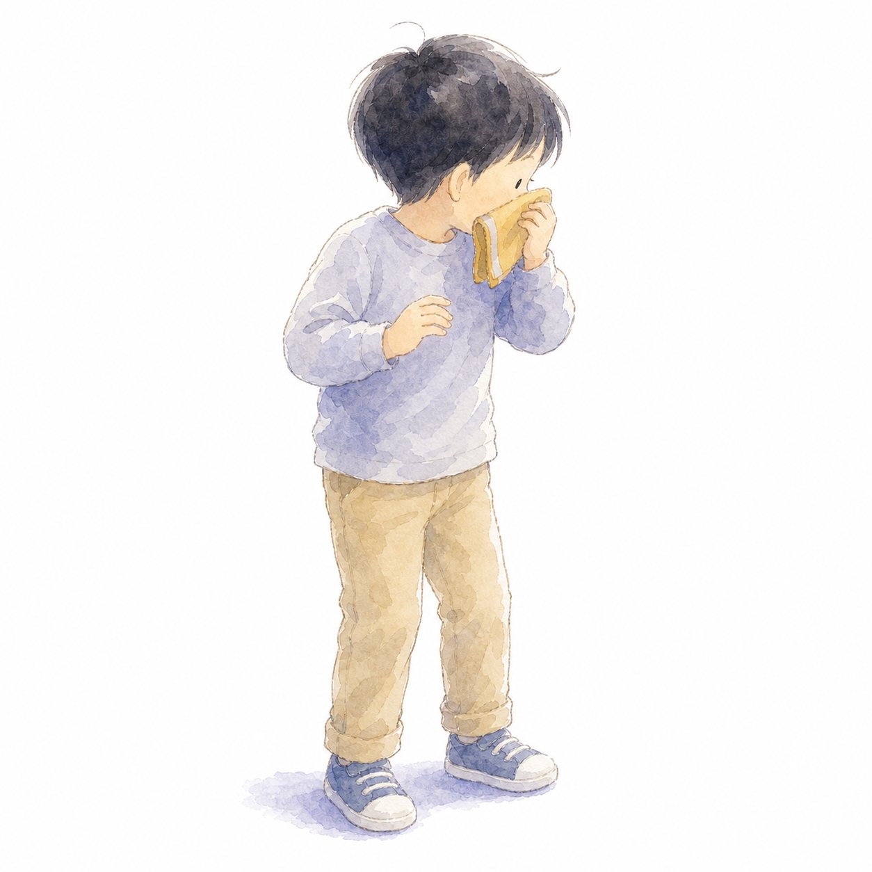 せきエチケット（水彩）。ハンカチで口をおさえてせきをする子ども。