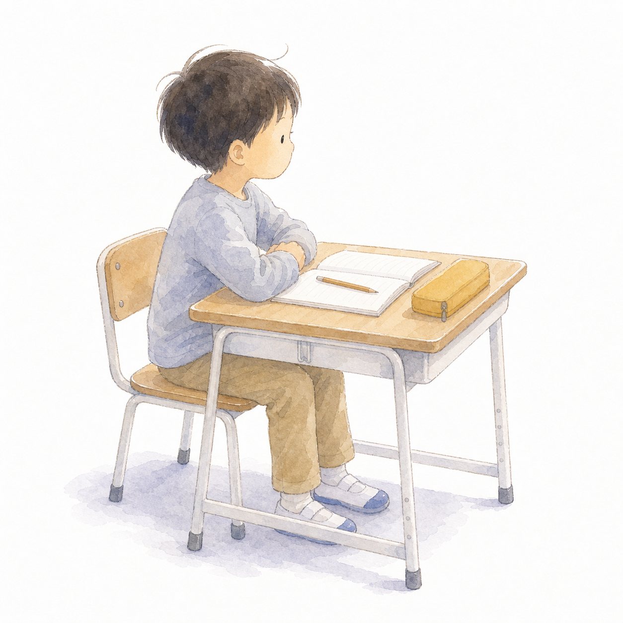 よい姿勢（水彩）。机でよい姿勢で座る子ども。