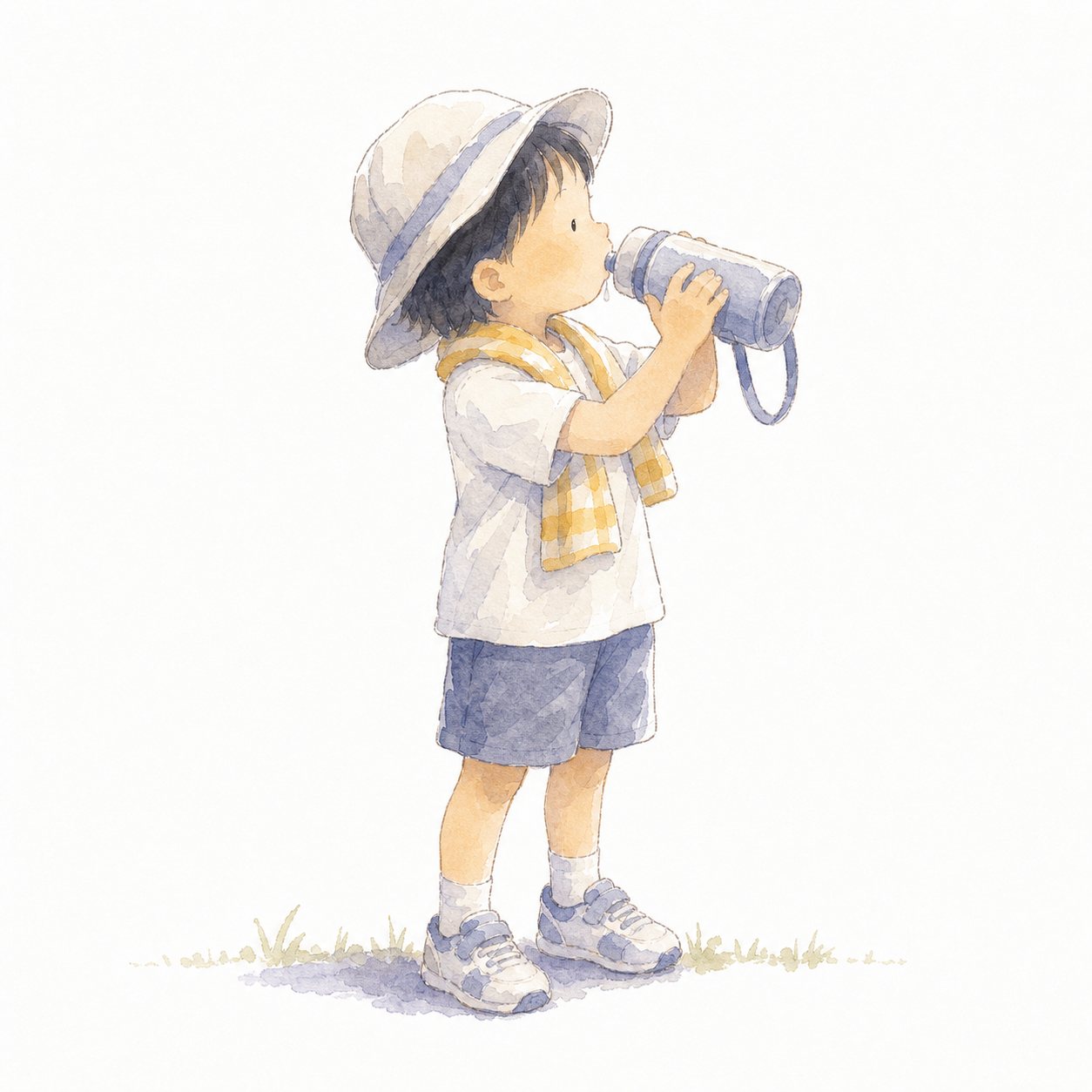 水分ほきゅう(水彩)。帽子をかぶり水筒で水分をとる子ども。