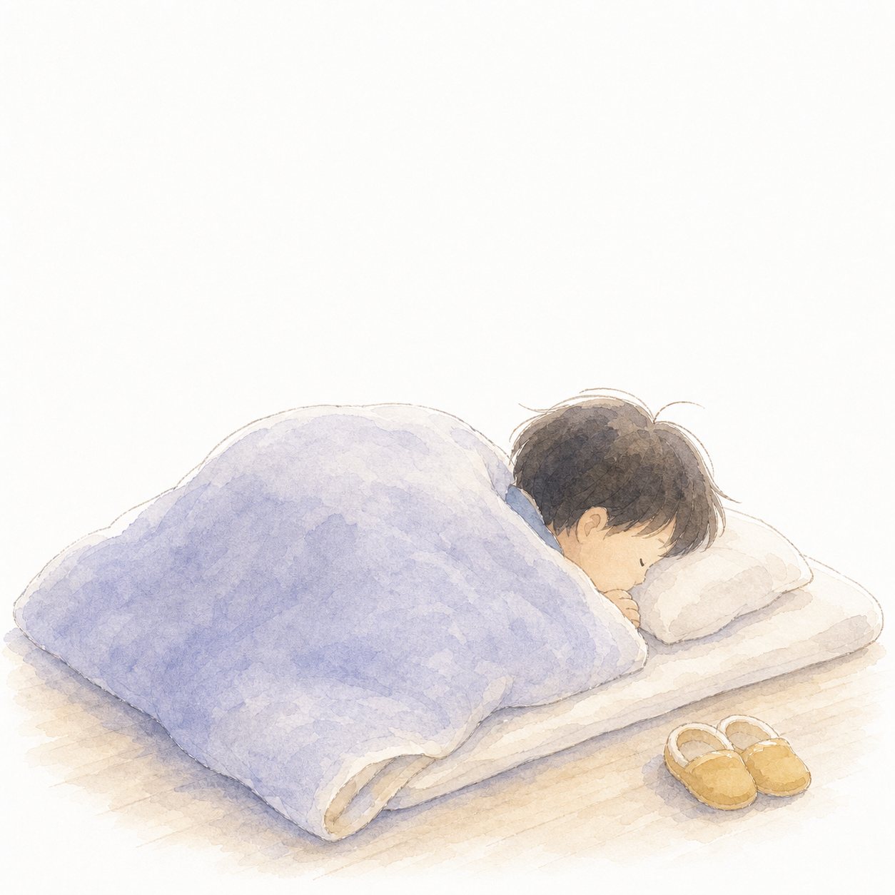 すいみん(水彩)。ふとんで気持ちよさそうに眠る子ども。
