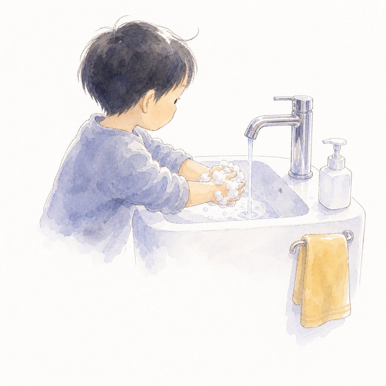 手あらい（水彩）。蛇口の下で石けんを泡立てて手を洗う子ども。