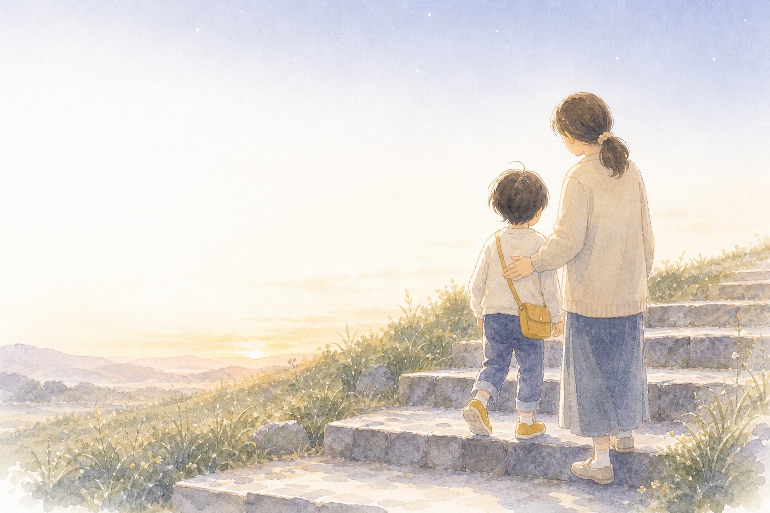 夜明けの石段を半歩ずつ。星の残る夜明けの空の下、先生と子どもが石段を半歩ずつ上っていく後ろ姿の水彩イラスト。