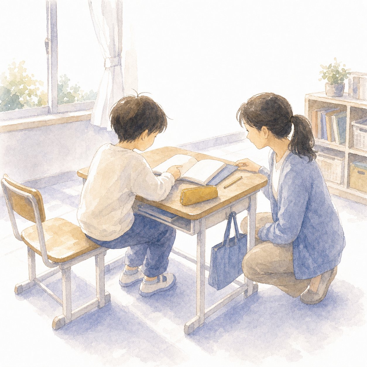机の横にしゃがんで一緒に。放課後の教室で、先生が机の横にしゃがみ、子どもと一冊の本をのぞきこむ水彩イラスト。