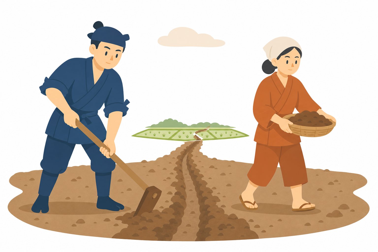 新田を開く先人(想像図)。くわで土を起こす人と、なえを運ぶ人。きょう土の開発につくした先人のようす。