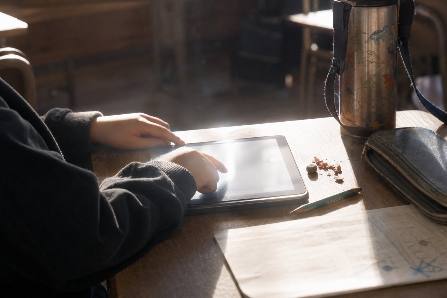 タブレットを操作する子どもの手元。窓の光で机のタブレットに触れる子どもの手元。顔なし。水筒・筆箱・けずりかす。