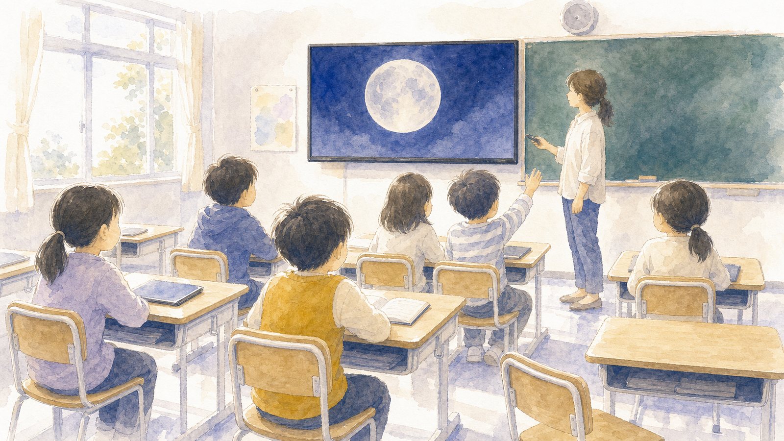 導入スライドに見入る教室。大型テレビの月のスライドに、子どもたちが身を乗り出す朝の教室の水彩画。