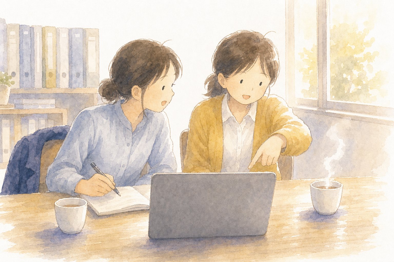 職員室でスライドを見せ合う。放課後の職員室で1台のPCを囲み、スライドを見せ合う二人の先生の水彩画。