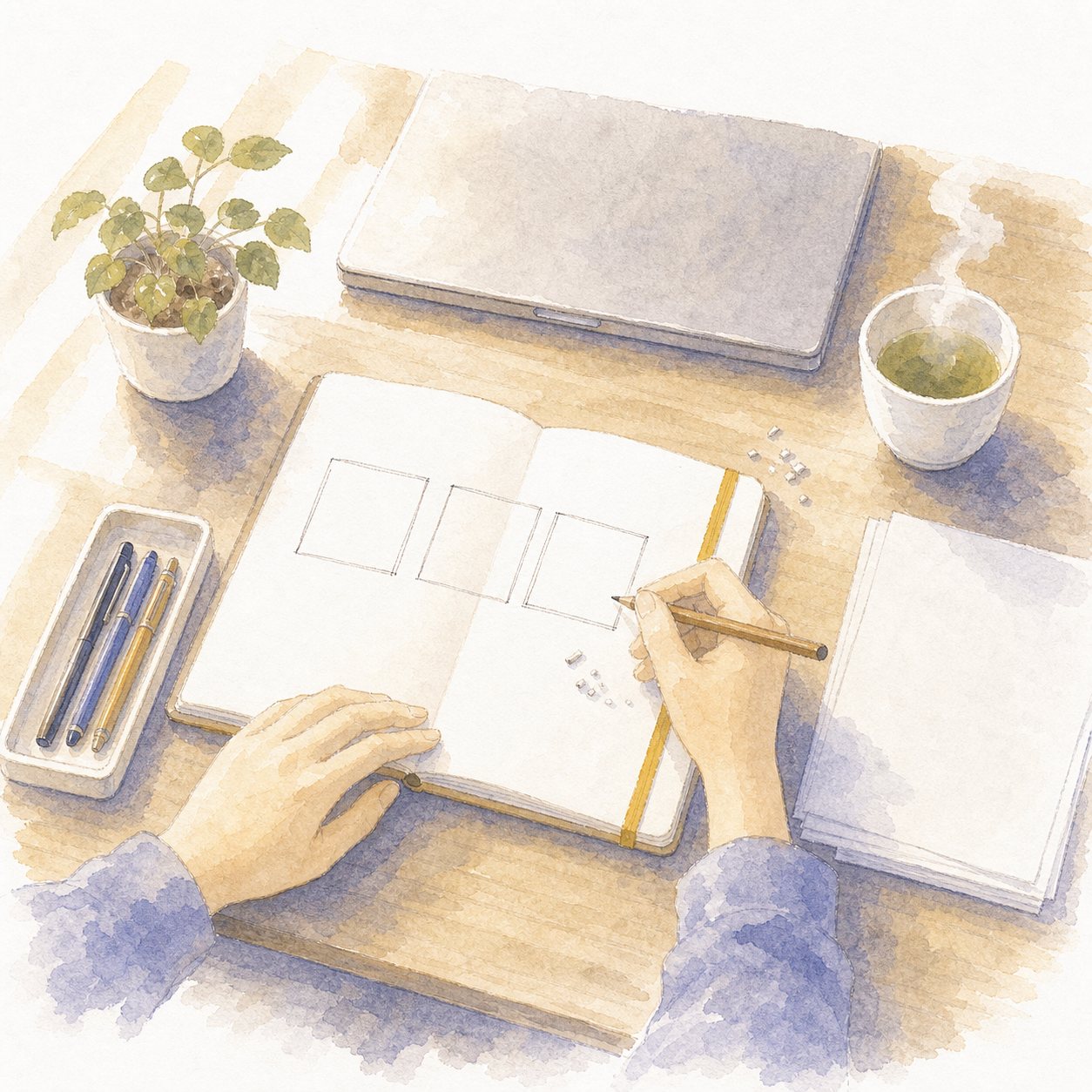 紙に四角3つ・スライドの設計。ノートに四角いラフを3つ描いてスライドを設計する手元の水彩画。お茶と閉じたPC。