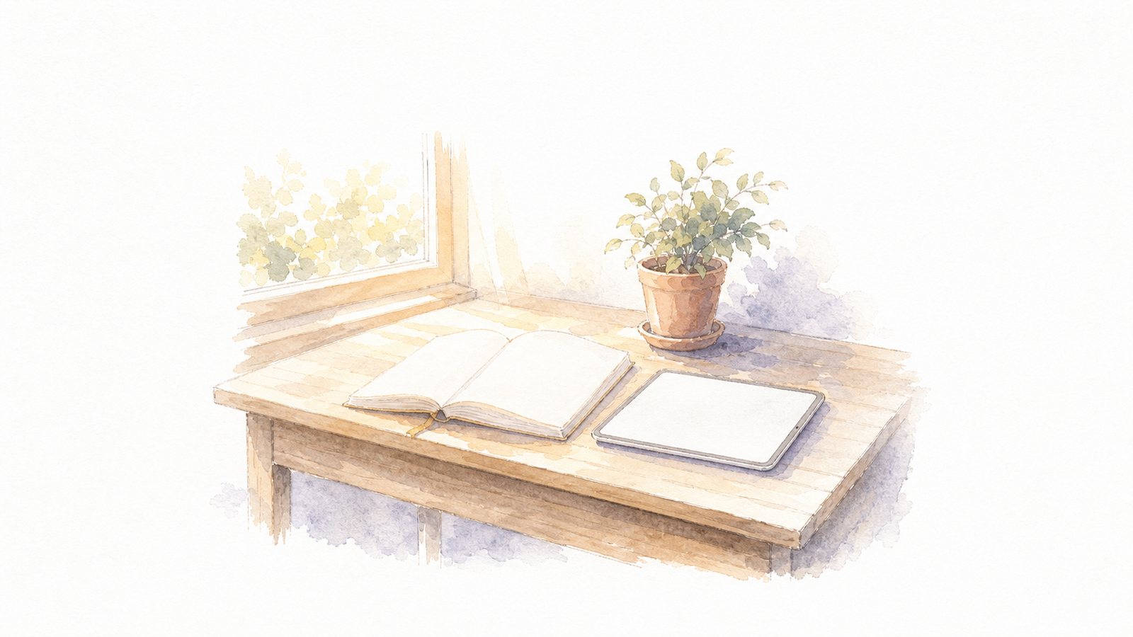 朝の机(ノートとタブレット)。朝の光の机に、ひらいたノートとタブレット、小さな鉢植え。「ゆとり」の情景。