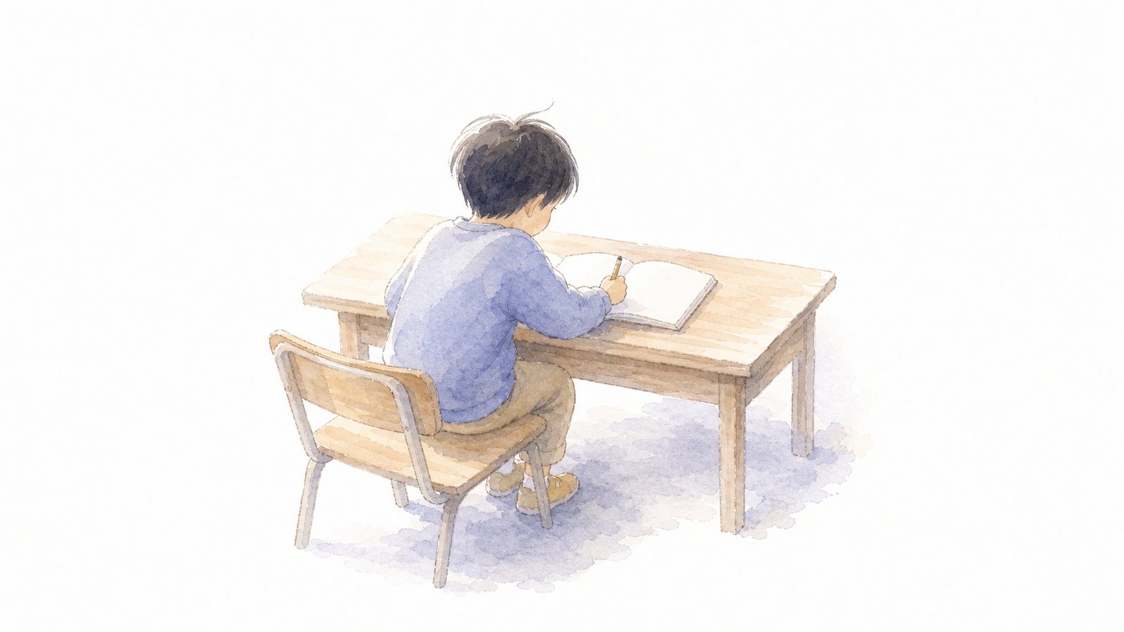 ノートに向かう子ども（後ろ姿）。机で鉛筆を持ち、ノートに書き込む子どもの後ろ姿。椅子が少し引かれている。