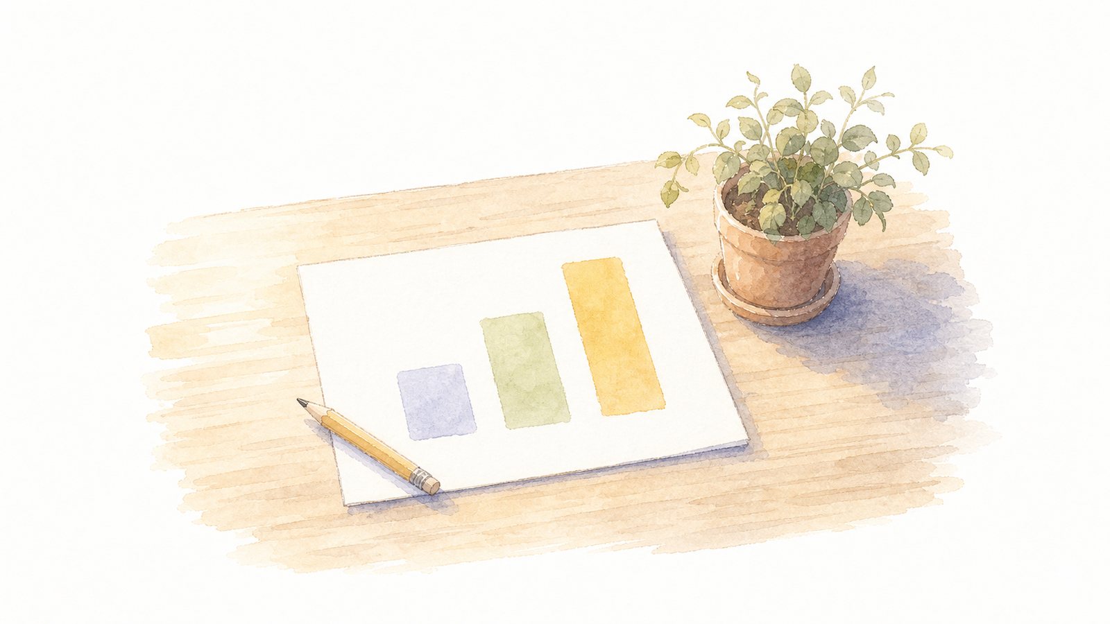 紙の上のグラフと鉢植え。紙に描かれた三本の棒（青・緑・からし色）と鉛筆、そばに鉢植え。