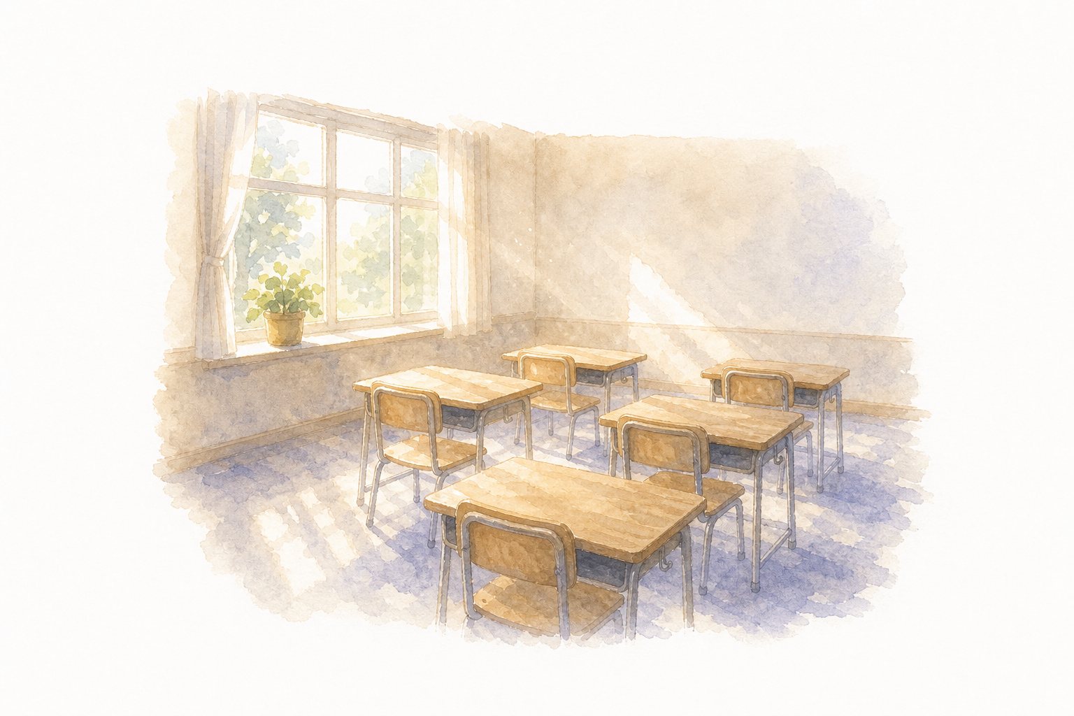 朝の光の教室。窓から朝の光が差す、だれもいない教室。木の机と椅子、窓辺の鉢植え。