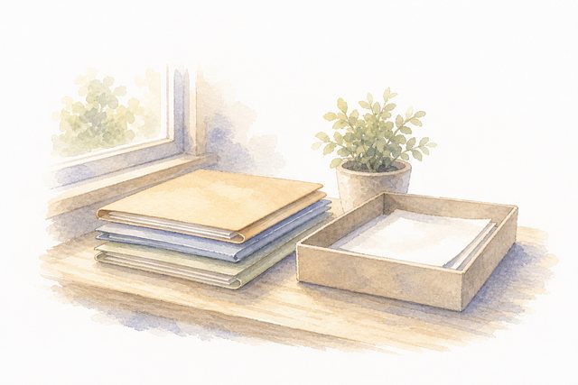 書類フォルダと窓辺
