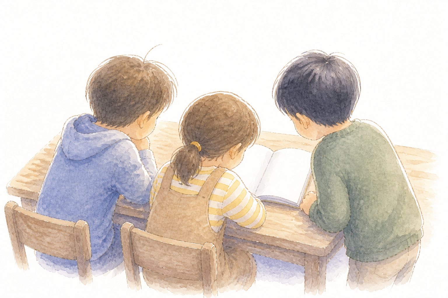 1冊のノートを3人で囲む。3人の子どもが後ろ姿で、1冊のひらいたノートをいっしょにのぞきこむ。