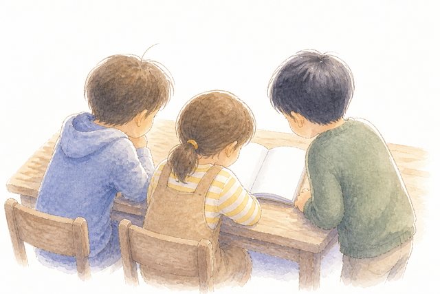 1冊のノートを3人で囲む