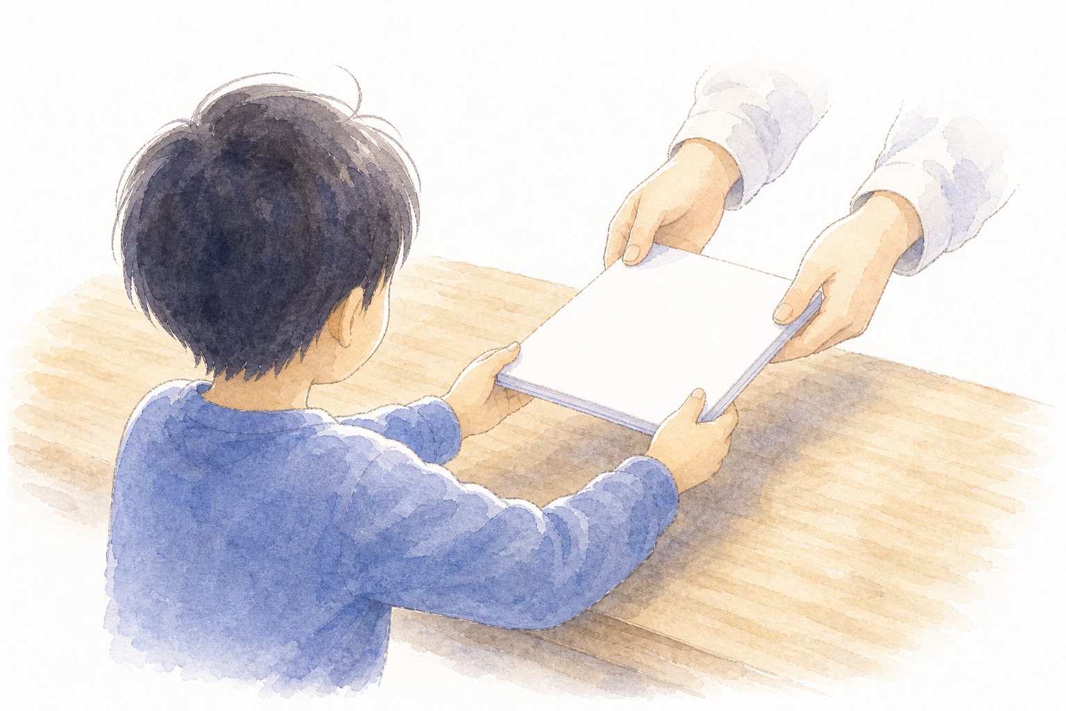 1冊のノートを手渡す(共有)。1冊のノートを、相手にそっと手渡している(手はそでから先だけ)。共有の情景。