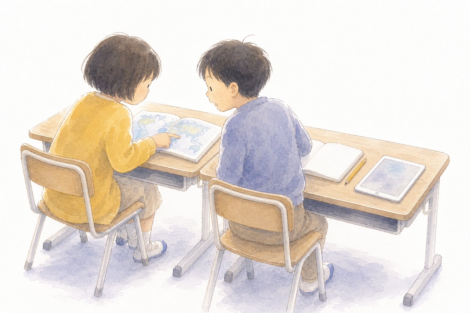 ふたりで地図帳をひらく調べ学習。机をならべて地図帳を指さす、ふたりの子どもの水彩イラスト。