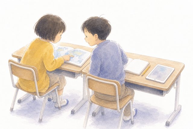 ふたりで地図帳をひらく調べ学習