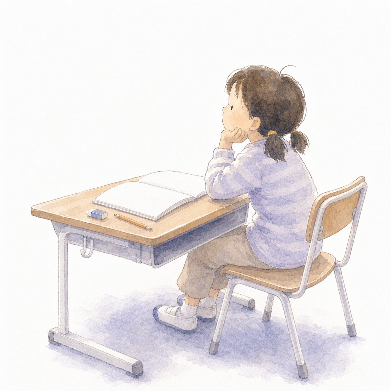 ふしぎを見つけて考える子。ほおづえをついて、ふしぎに思ったことを考える子どもの水彩イラスト。