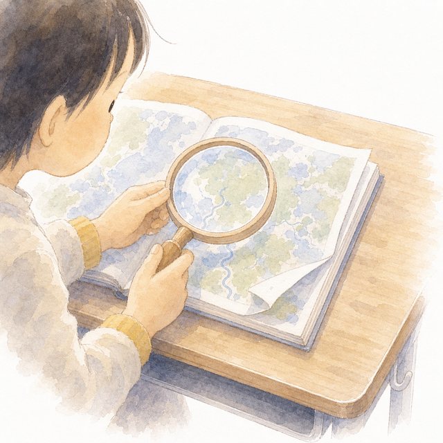 虫めがねで地図を見る手もと