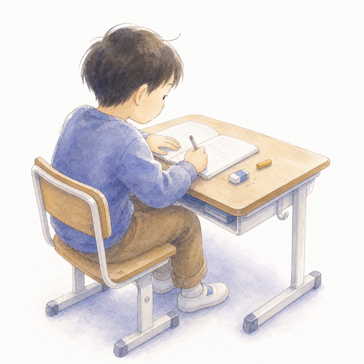 ノートにまとめを書く子。ノートにえんぴつでまとめを書く子どもの水彩イラスト。