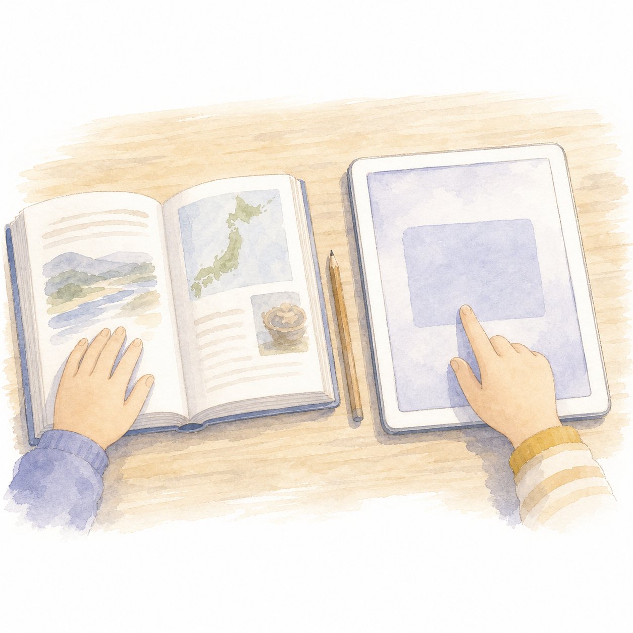 教科書とタブレットを見くらべる手もと。開いた教科書とタブレットの画面を見くらべる手もとの水彩イラスト。