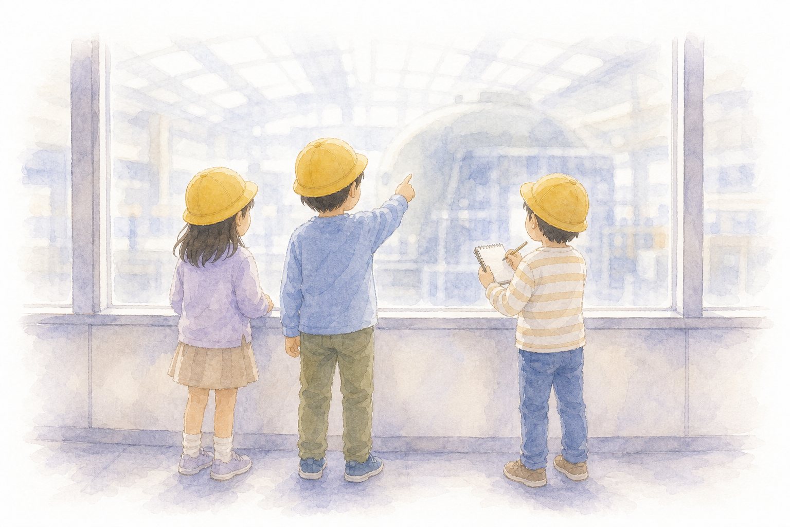 見学の窓から見る子どもたち。黄色いぼうしをかぶって、見学の大きな窓から中を見る3人の子どもの水彩イラスト。