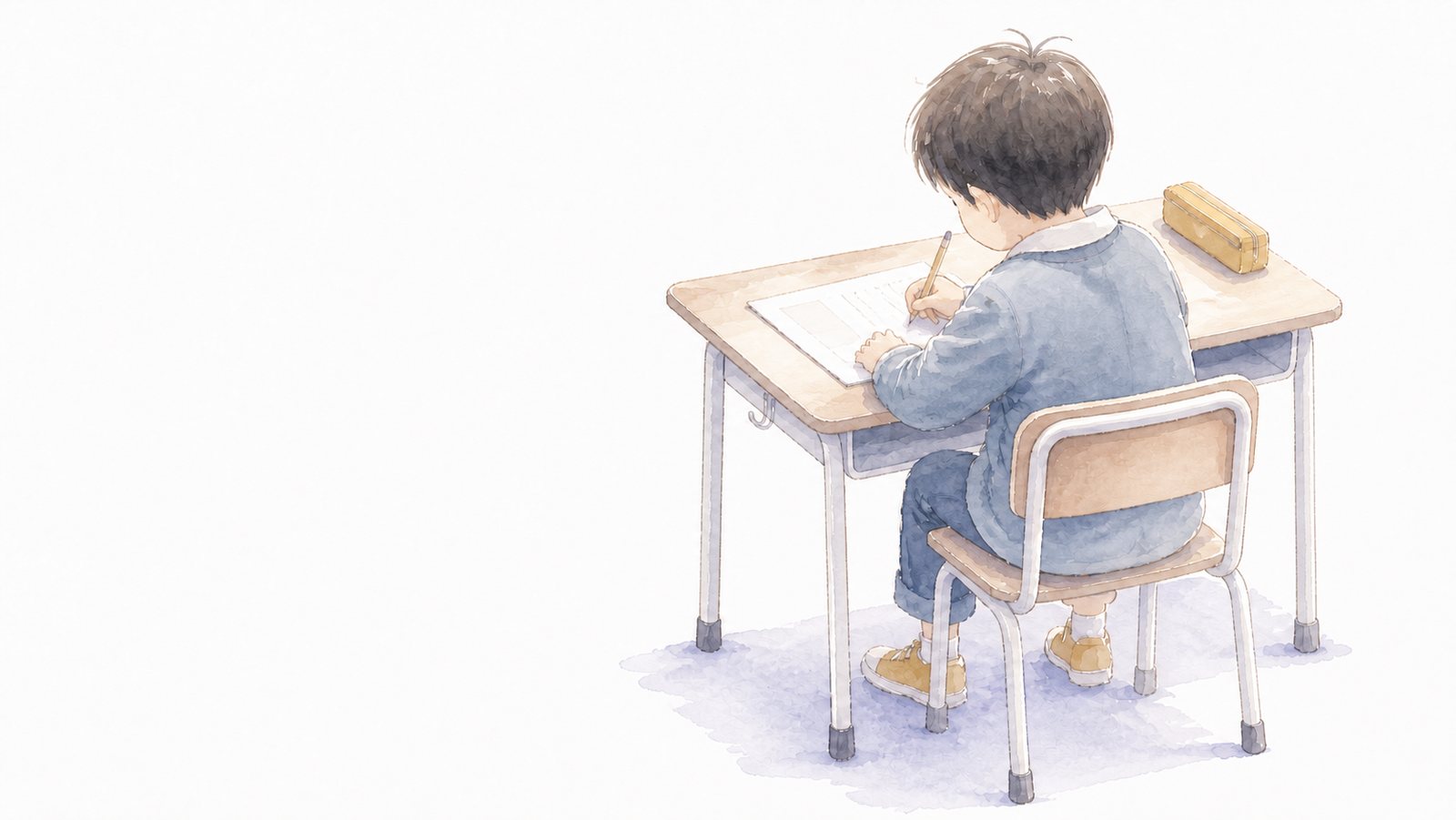 1年生が机で国語のプリントに書きこむ。斜め後ろから見た1年生。新JIS机(2号・机面520)と児童椅子(座面300)に座り、A4のプリントに鉛筆で書きこんでいる。16:9・白背景で左45%は題字用に空けてある。