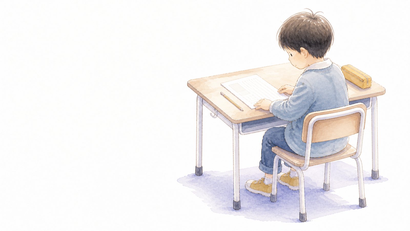 1年生が机で国語のプリントを読む。斜め横から見た1年生。両手でプリントを押さえ、口を少し開いて行を追っている。鉛筆は机に置いたまま。16:9・白背景で左45%は題字用に空けてある。