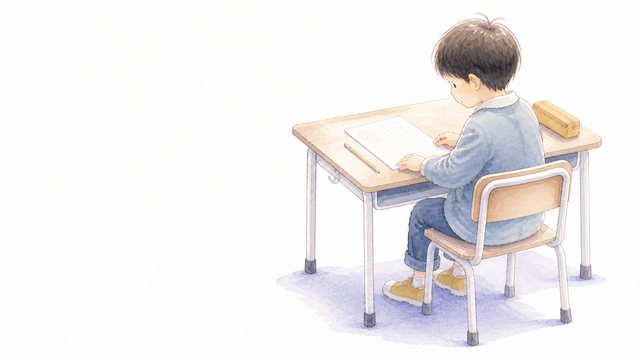 1年生が机で国語のプリントを読む