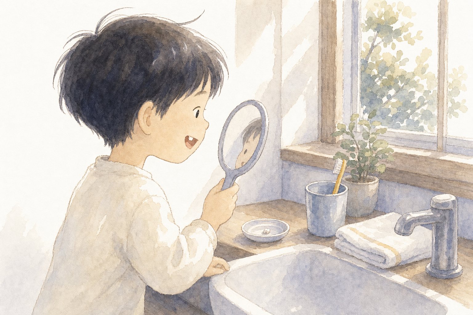 はが ぬける わけ。国語読解プリント『はが ぬける わけ』(1年・せつめい文)に合わせた水彩サムネイル。
