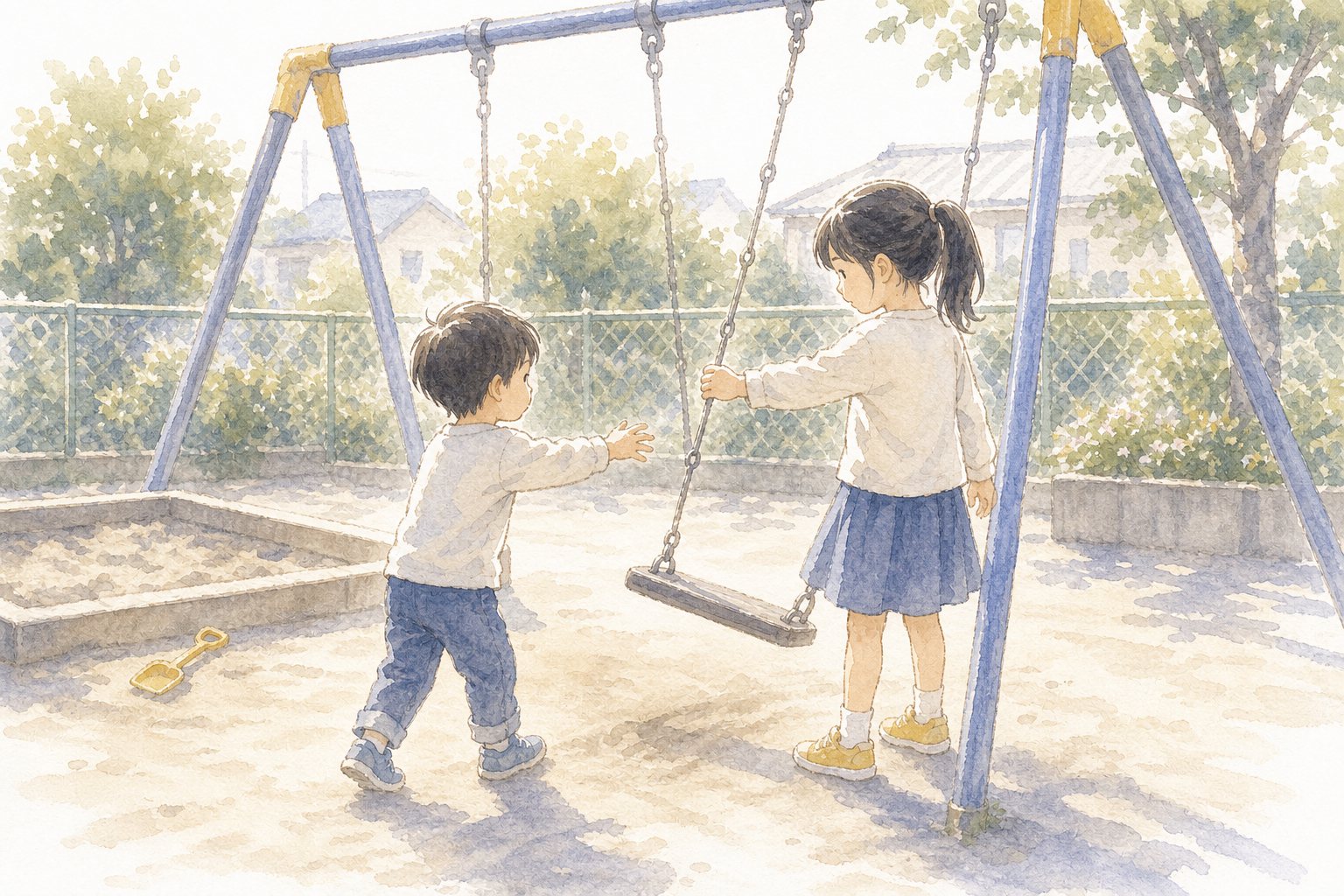 ぶらんこの じゅんばん。国語読解プリント『ぶらんこの じゅんばん』（1年・ものがたり文）に合わせた水彩サムネイル。