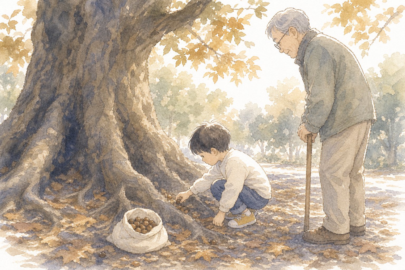 どんぐりひろい。国語読解プリント『どんぐりひろい』(1年・ものがたり文)に合わせた水彩サムネイル。