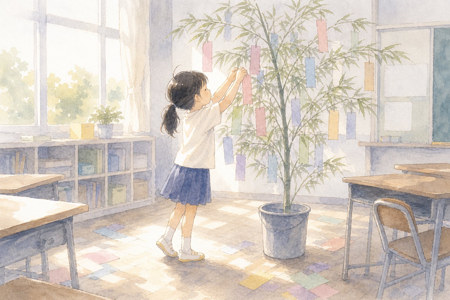 たなばたの ねがいごと。国語読解プリント『たなばたの ねがいごと』(1年・ものがたり文)に合わせた水彩サムネイル。
