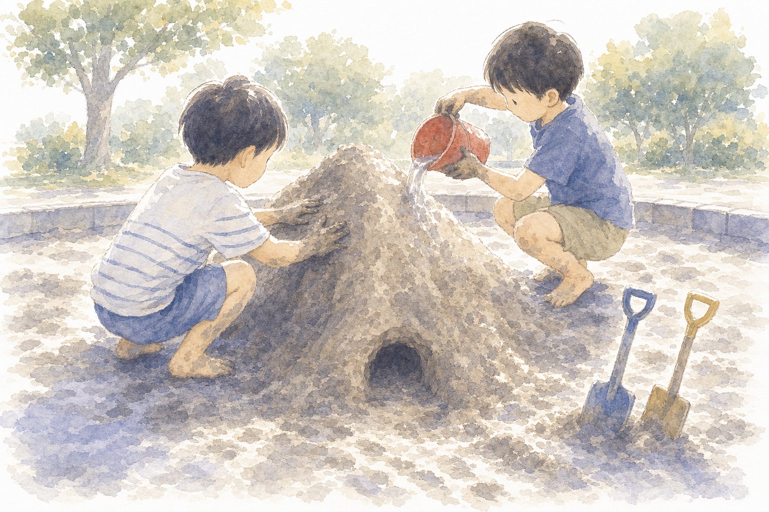 こうえんの すなやま。国語読解プリント『こうえんの すなやま』（2年・ものがたり文）に合わせた水彩サムネイル。
