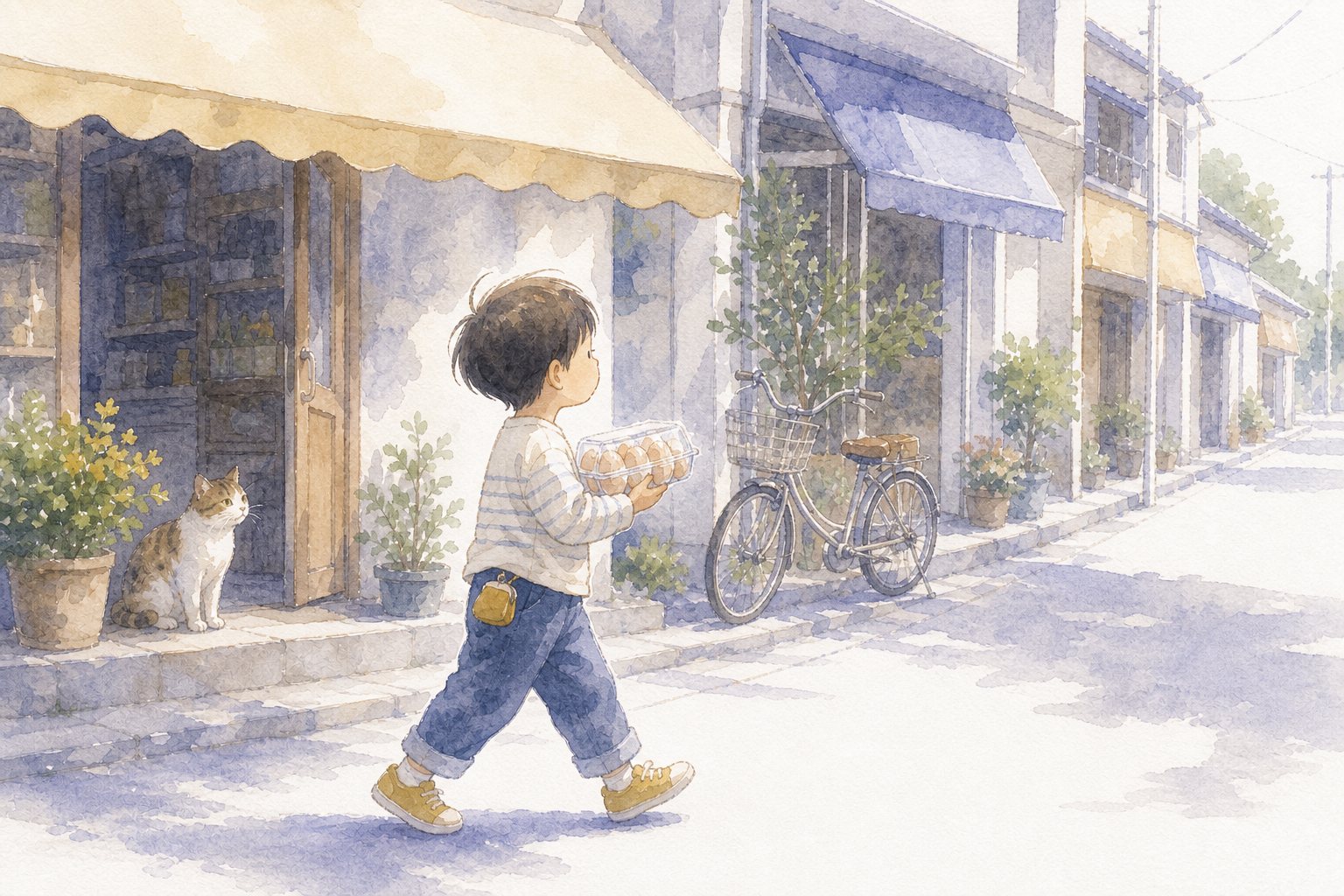 ひとりで おつかい。国語読解プリント『ひとりで おつかい』（2年・ものがたり文）に合わせた水彩サムネイル。