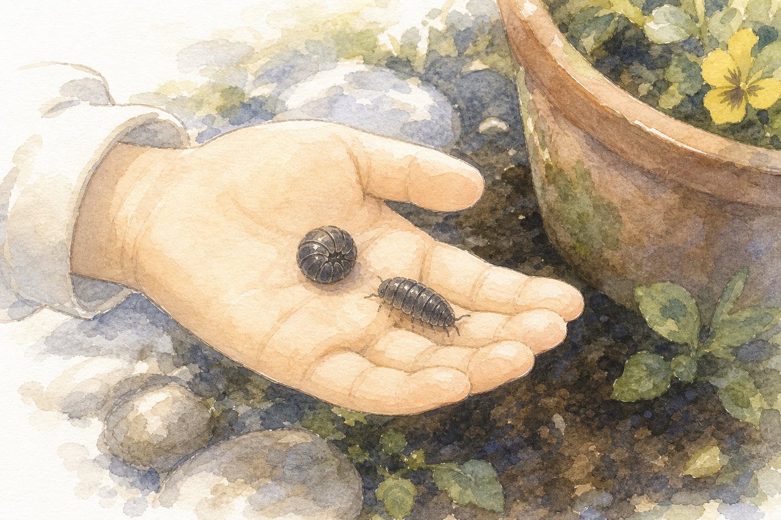 ダンゴムシのひみつ。国語読解プリント『ダンゴムシのひみつ』(3年・説明文)に合わせた水彩サムネイル。