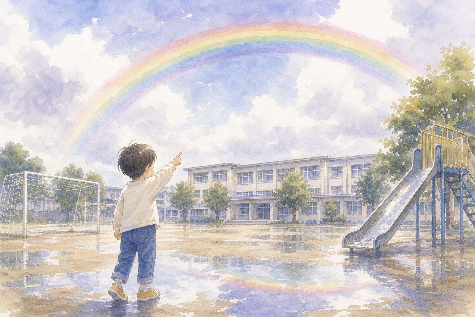 にじはどうしてできるの。国語読解プリント『にじはどうしてできるの』（3年・説明文）に合わせた水彩サムネイル。
