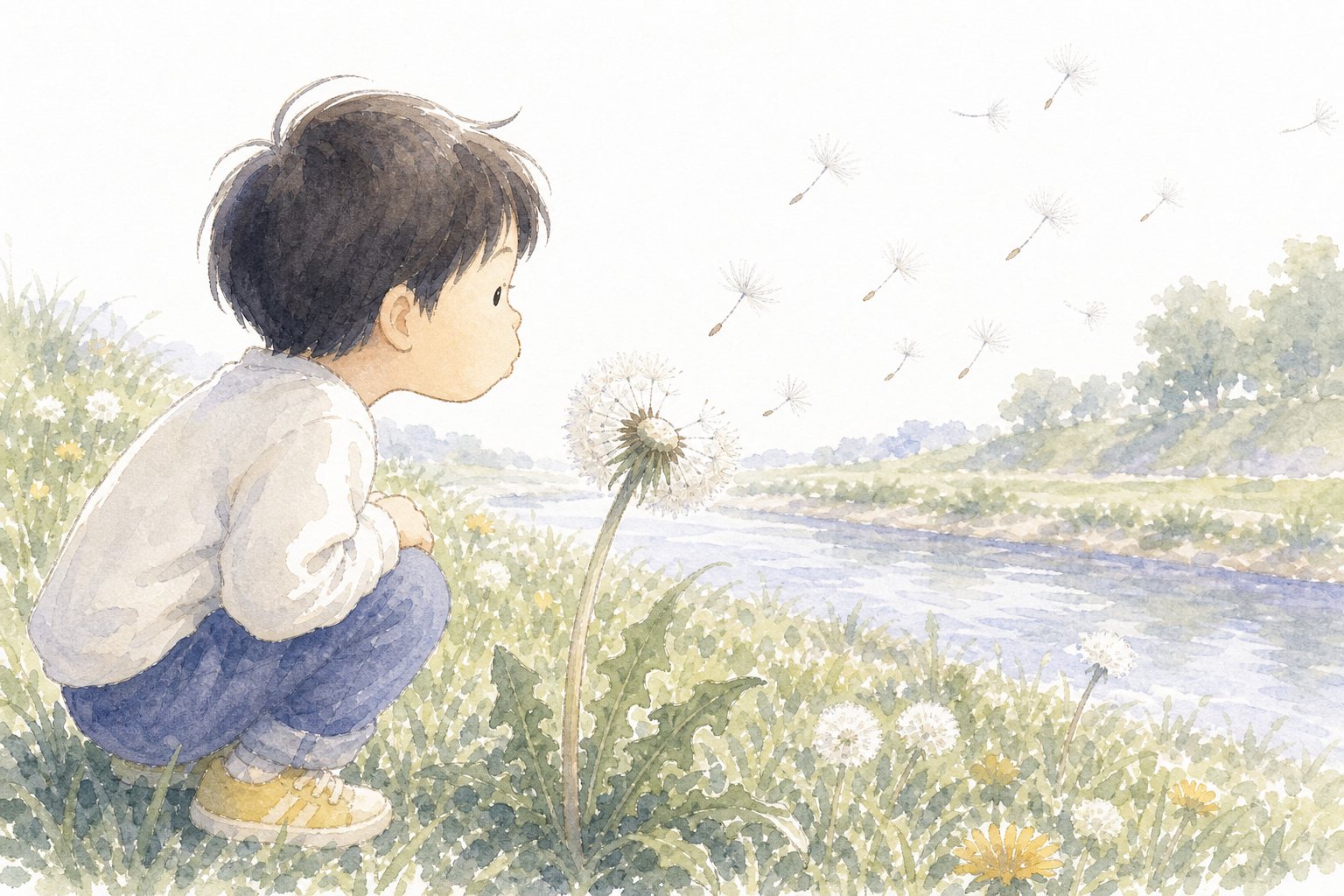 たんぽぽのわた毛のたび。国語読解プリント『たんぽぽのわた毛のたび』（3年・説明文）に合わせた水彩サムネイル。