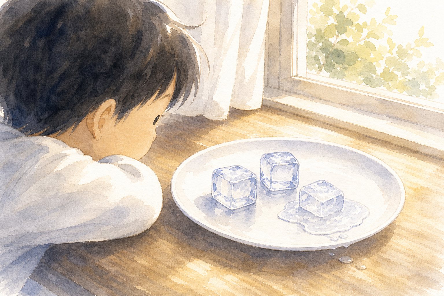 こおりはどうしてとける。国語読解プリント『こおりはどうしてとける』(3年・説明文)に合わせた水彩サムネイル。
