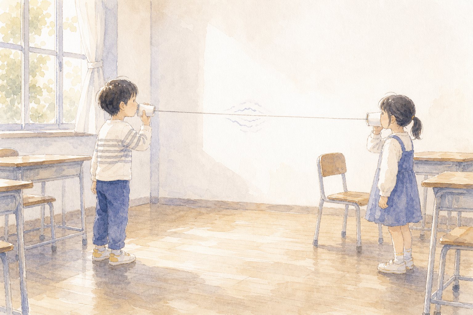 音はどうつたわるの。国語読解プリント『音はどうつたわるの』（3年・説明文）に合わせた水彩サムネイル。