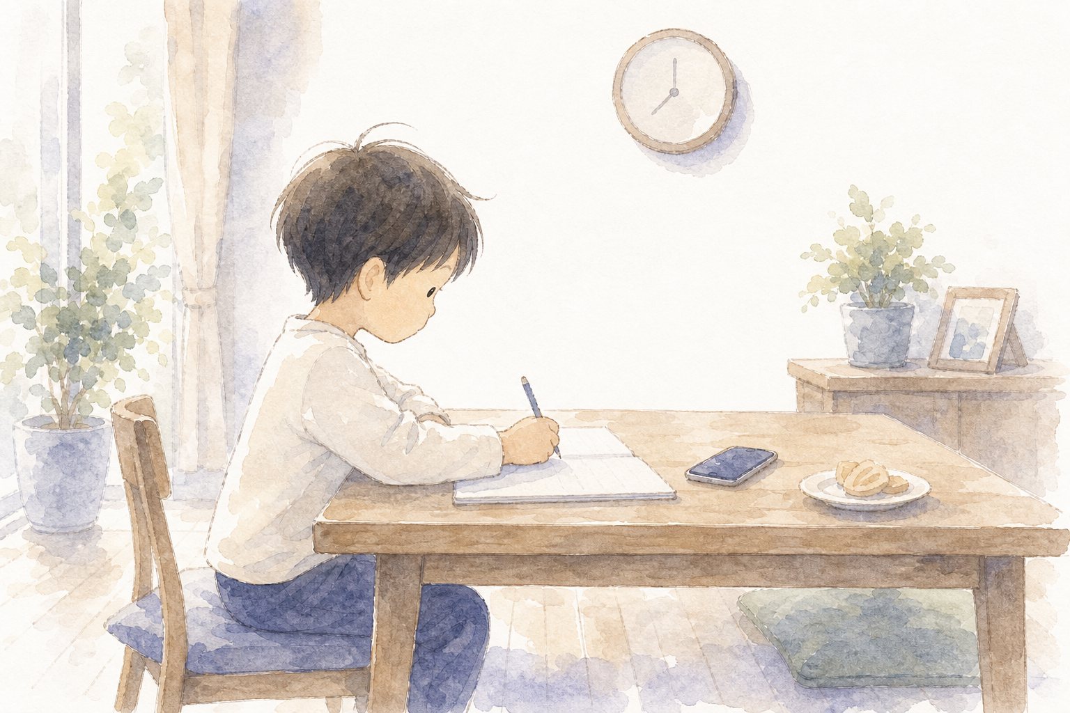 はじめてのおるすばん。国語読解プリント『はじめてのおるすばん』(3年・物語文)に合わせた水彩サムネイル。