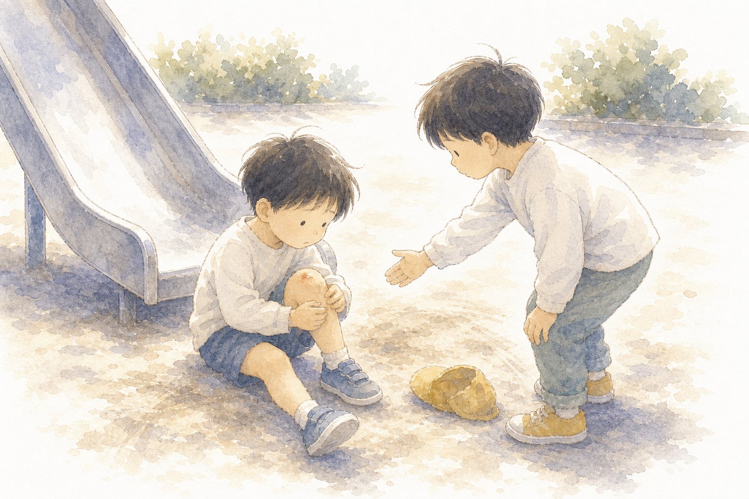 ころんだ子と、さしのべた手。国語読解プリント『ころんだ子と、さしのべた手』（3年・物語文）に合わせた水彩サムネイル。