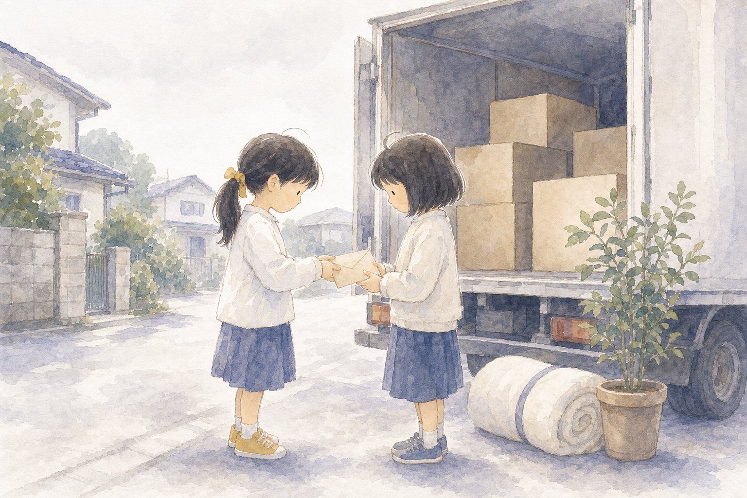 引っこす友だちへの手紙。国語読解プリント『引っこす友だちへの手紙』(3年・物語文)に合わせた水彩サムネイル。