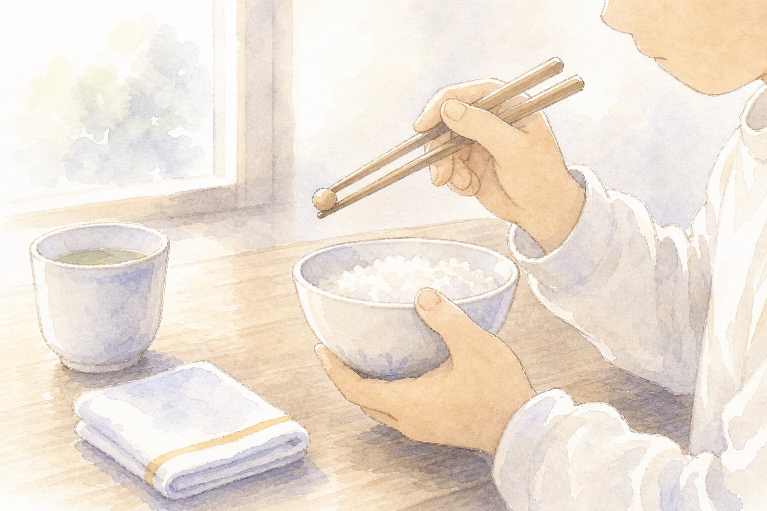 はしの正しい持ち方。国語読解プリント『はしの正しい持ち方』(3年・説明文・要約)に合わせた水彩サムネイル。