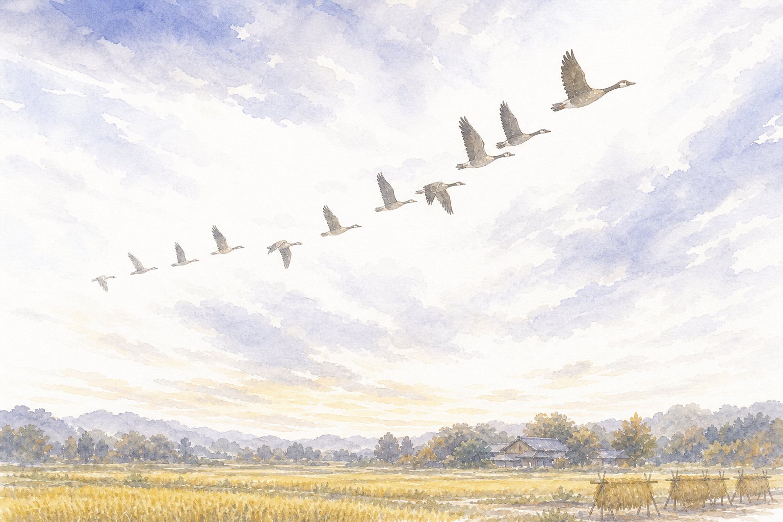 わたり鳥のふしぎ。国語読解プリント『わたり鳥のふしぎ』（4年・説明文）に合わせた水彩サムネイル。
