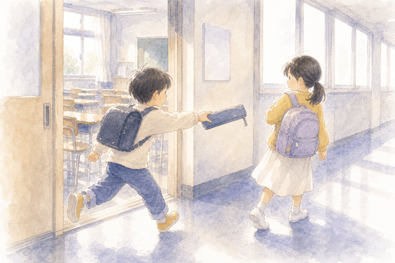 わすれ物と友だち。国語読解プリント『わすれ物と友だち』(4年・物語文)に合わせた水彩サムネイル。