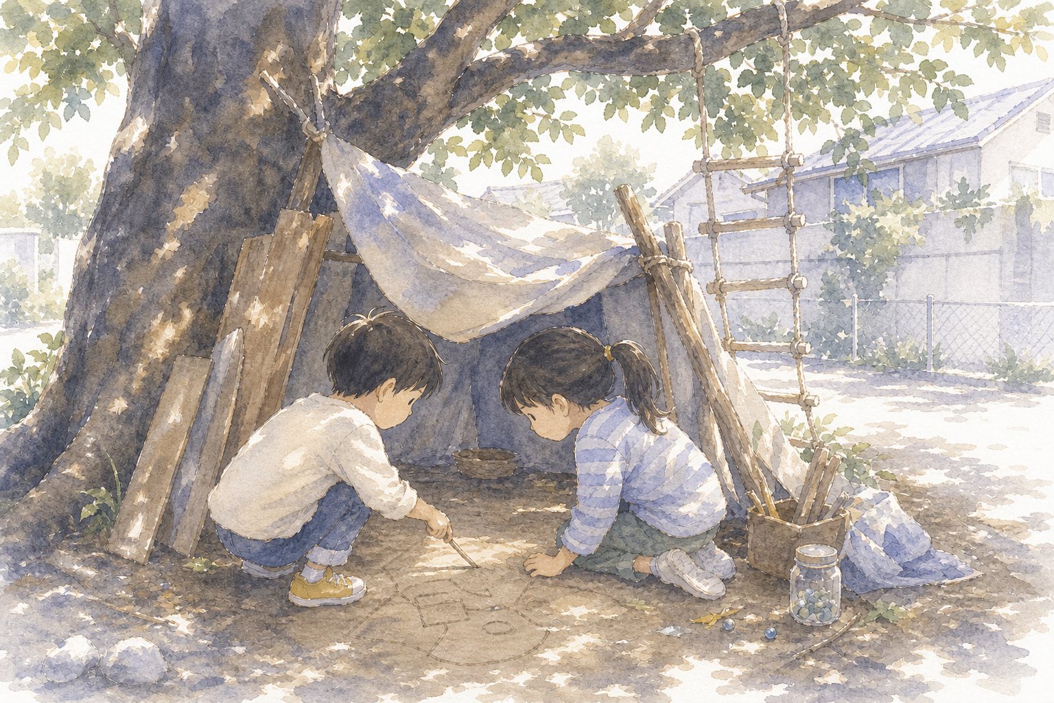 ひみつ基地の約束。国語読解プリント『ひみつ基地の約束』（4年・物語文）に合わせた水彩サムネイル。